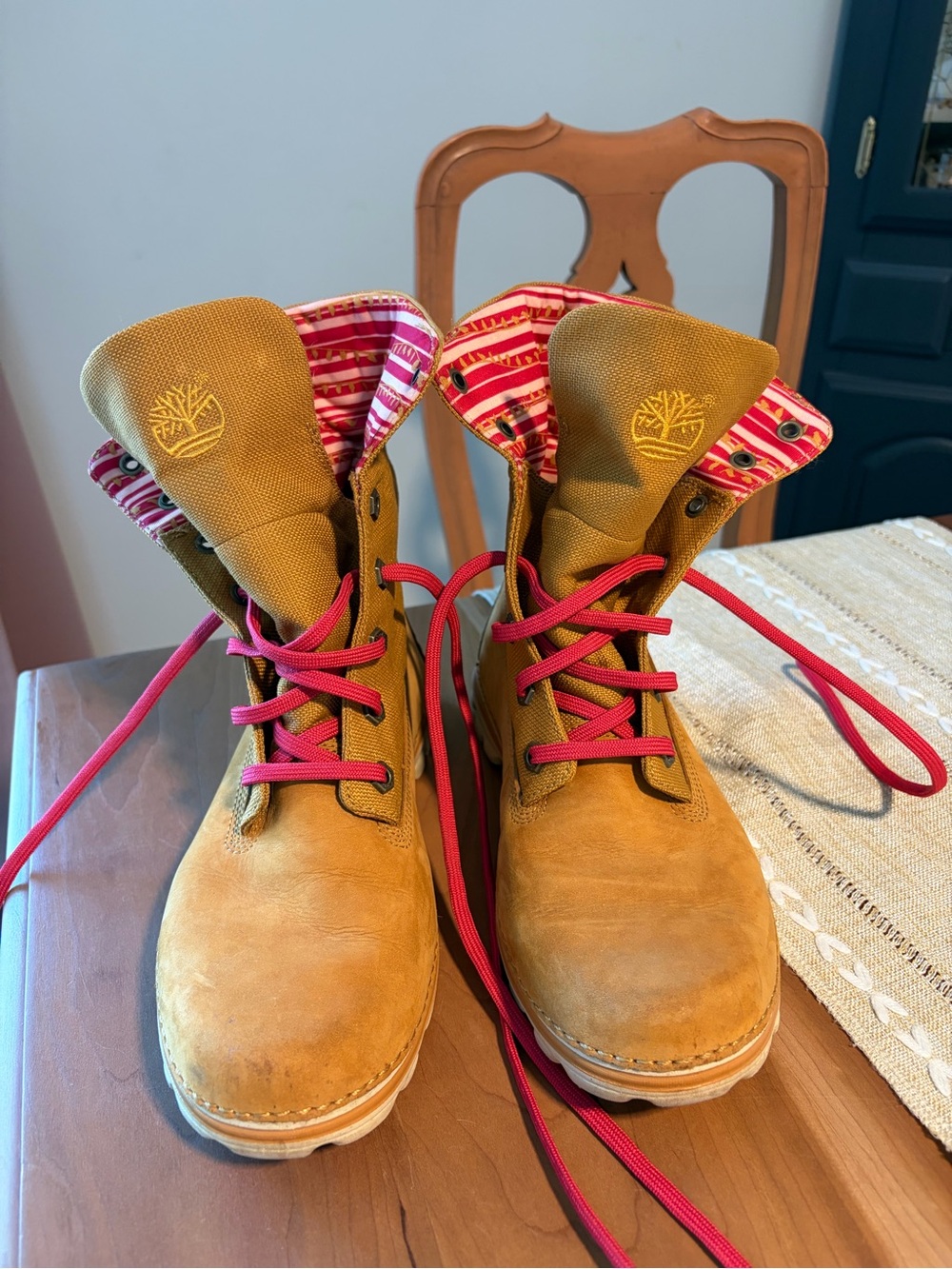 Timberland Tan Boots with Pink Laces and Striped Pink Lining